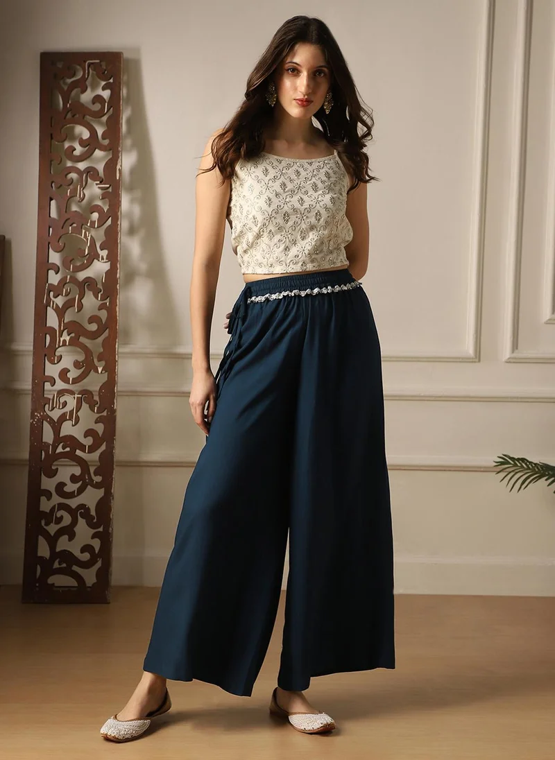 globus Globus Women Teal Lace Insert Drawstring Waist Wide Leg Flared Palazzo